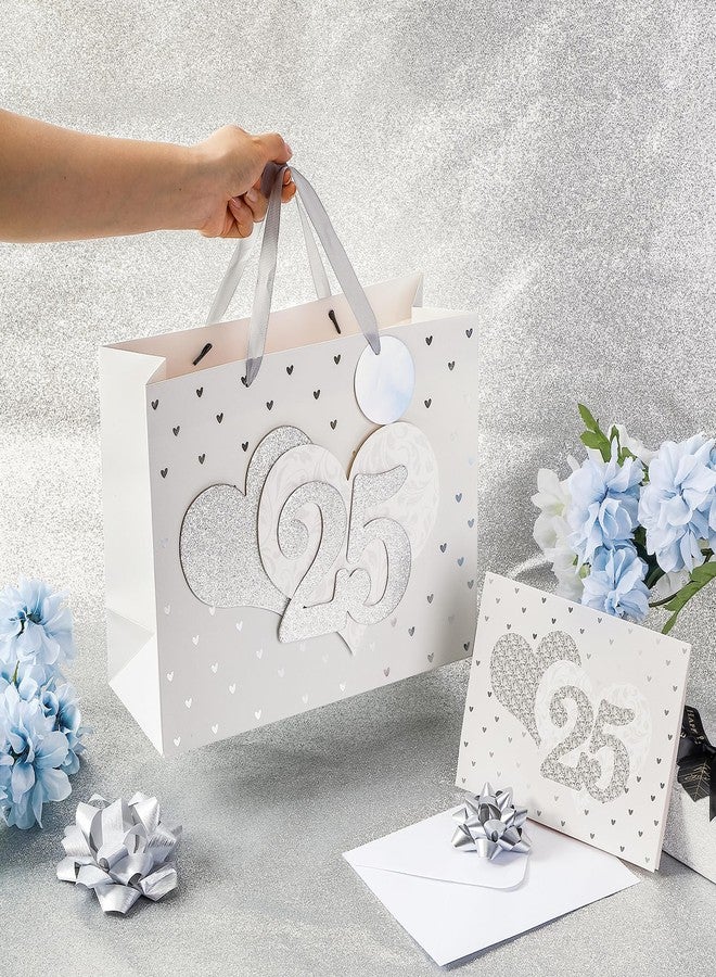 LeZakaa 13" Wedding Gift Bag, Silver Gift Bag with Tissue Paper, Gift Tag and Card - Number 25" with Heart 3D Paster for Silver Wedding Anniversary Celebrations - Image 5